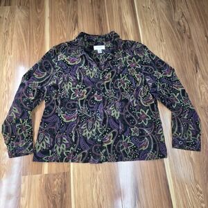 CJ‎ Banks Velvet Shirt Womens Plus 1X Black Purple Green Paisley Button Front